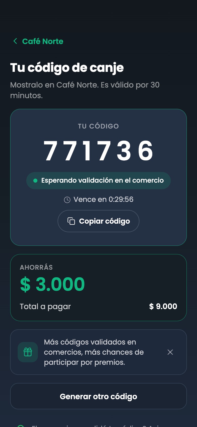 Canje: código de 6 dígitos con cuenta regresiva, ahorro y total a pagar.