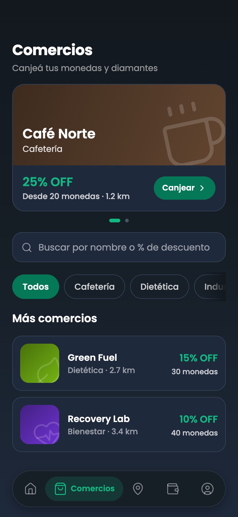 Comercios: beneficio destacado, buscador y listado por rubro.