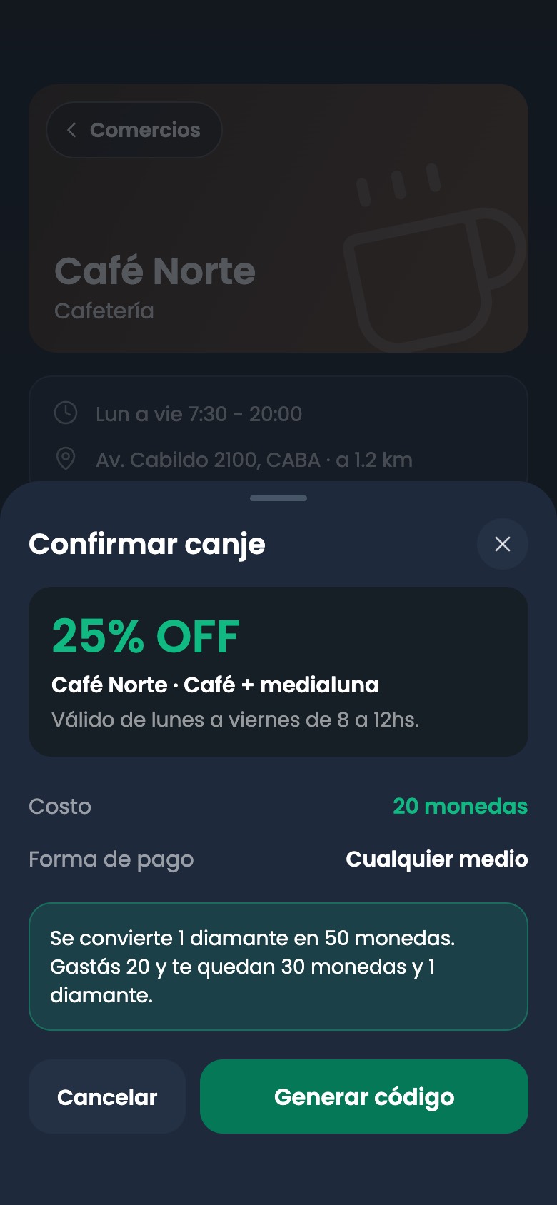 App del atleta: confirmación del canje antes de generar el código.