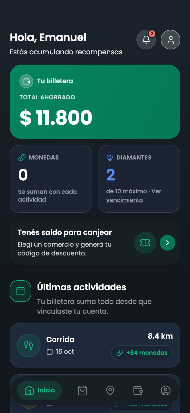 Inicio de la app: total ahorrado, monedas, diamantes y últimas actividades.