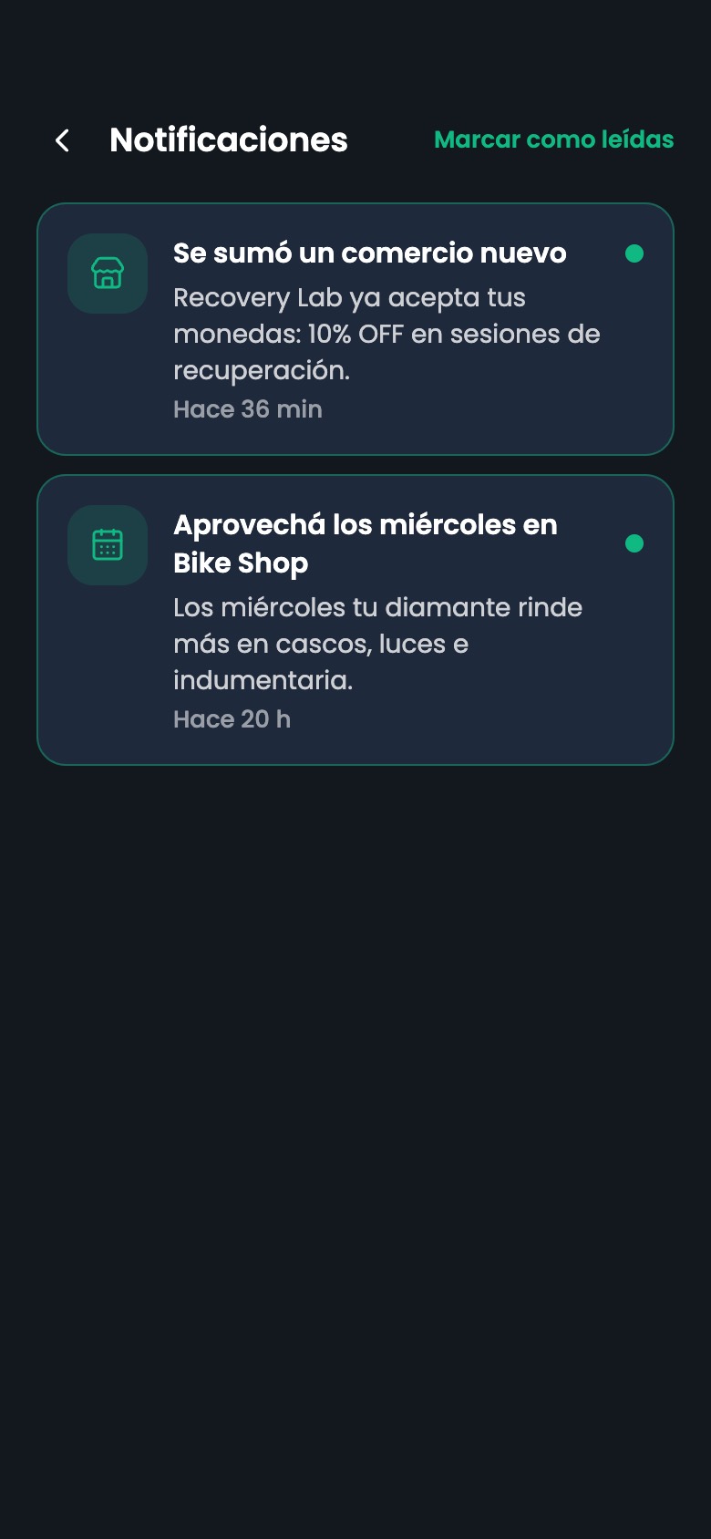 Notificaciones: comercios nuevos y promociones.
