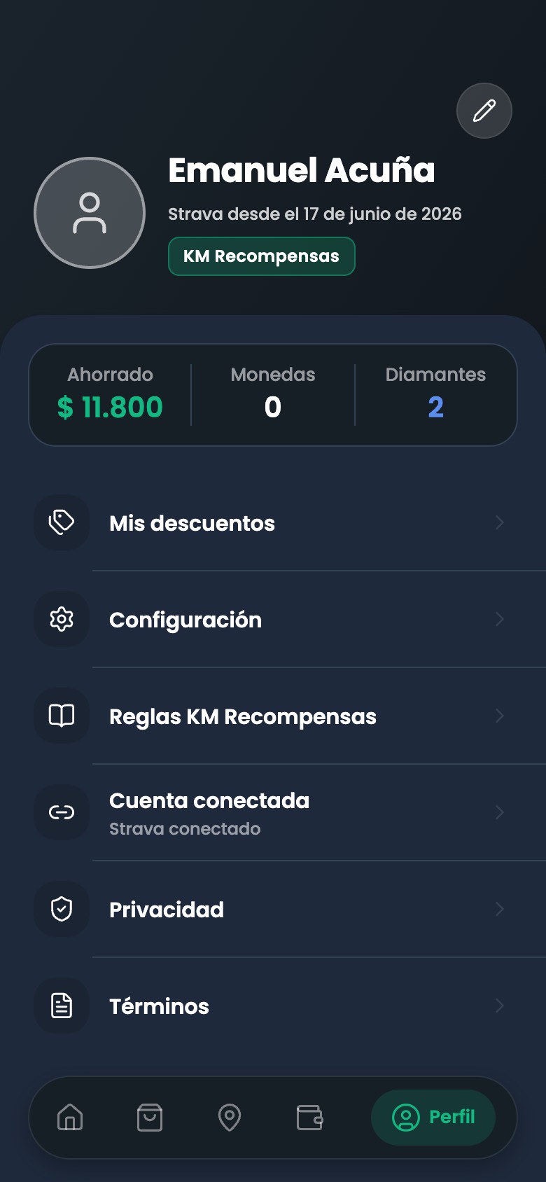 Perfil: resumen de billetera y ajustes de la cuenta.